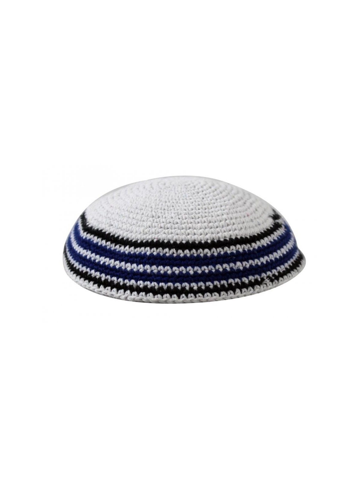 כיפה סרוגה לבנה עם רחוב גבול כחול ושחור... | כיפה סרוגה